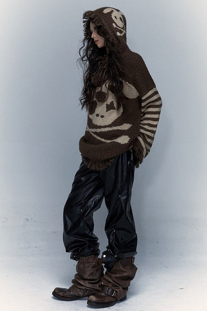Skull Rabbit Hooded Knit Blouse