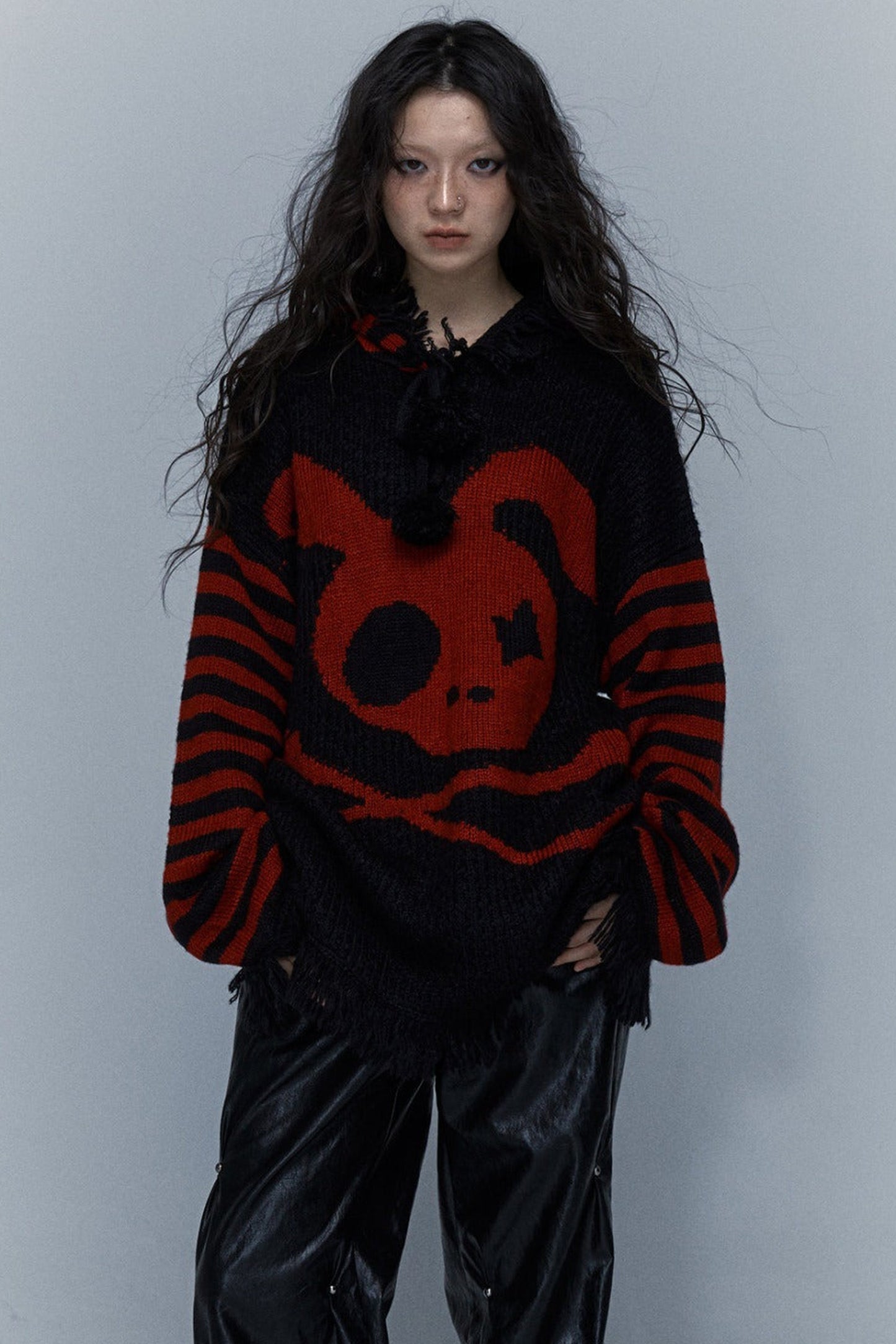 Skull Rabbit Hooded Knit Blouse