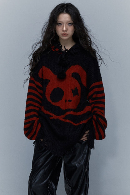 Skull Rabbit Hooded Knit Blouse