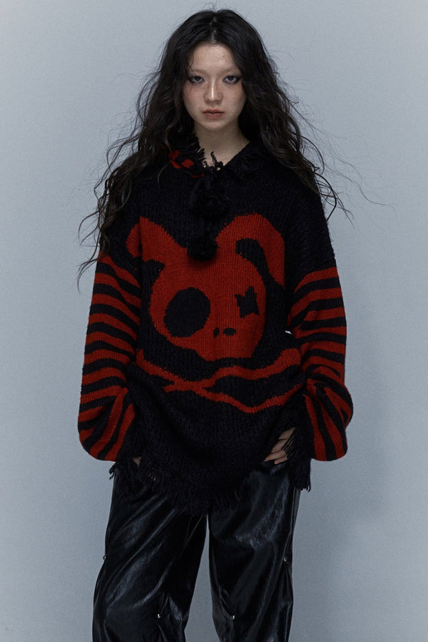 Skull Rabbit Hooded Knit Blouse
