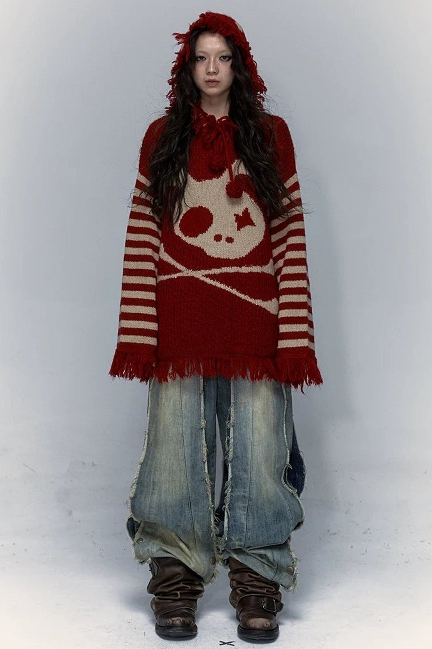 Skull Rabbit Hooded Knit Blouse