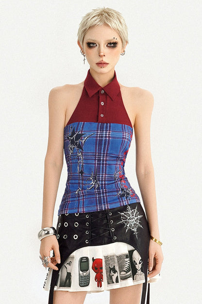 Punk-Karomuster-Colorblock-Neckholder-Oberteil