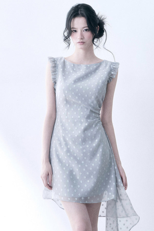 Gray Polka Dot Ruffle Sleeve Dress