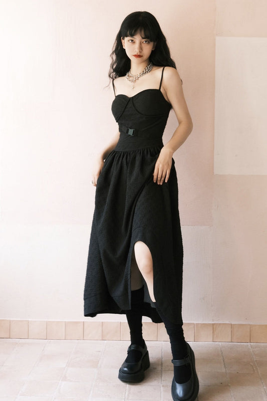 Dark Embossed Jacquard Strap Dress