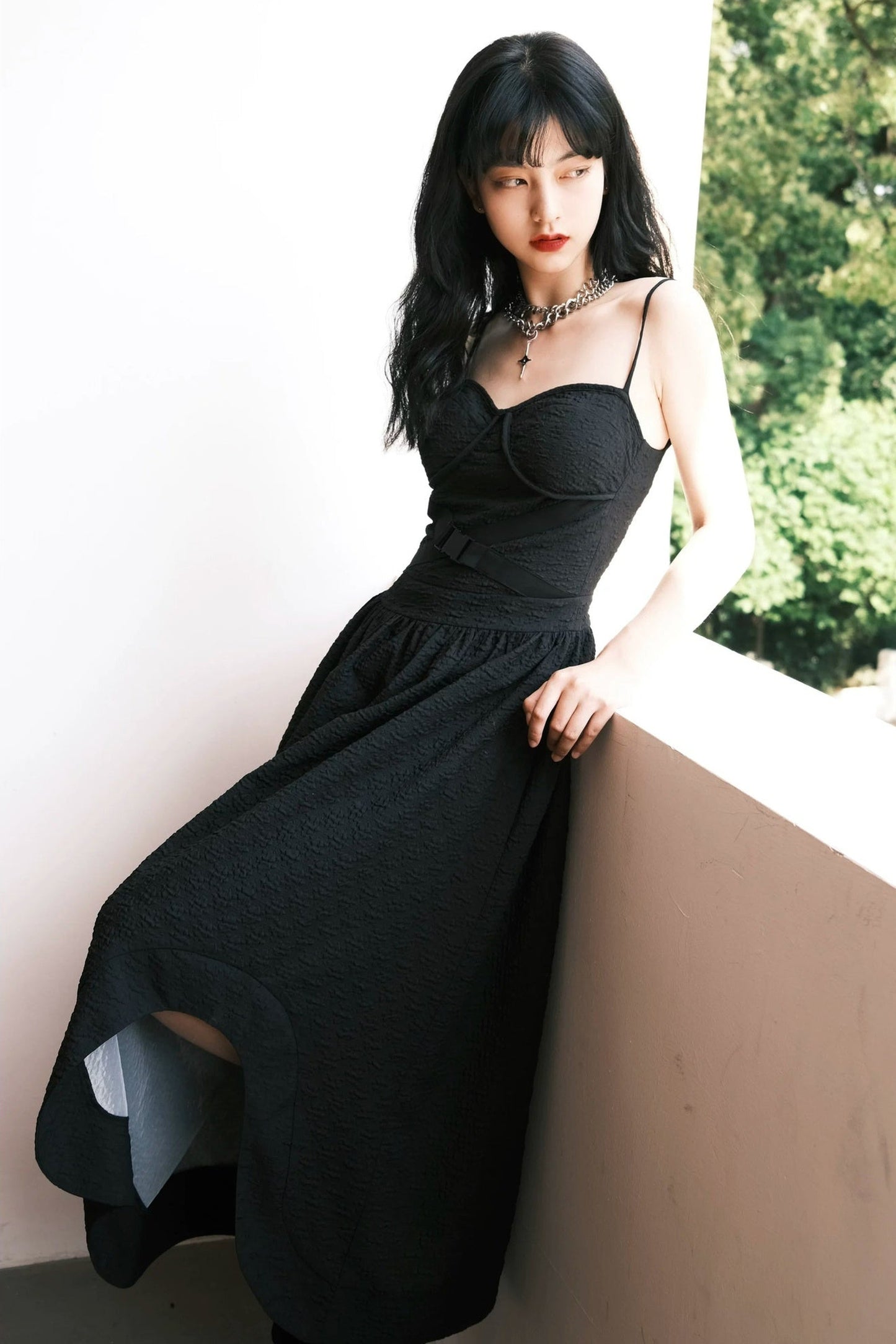 Dark Embossed Jacquard Strap Dress