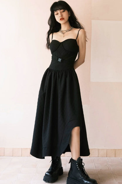 Dark Embossed Jacquard Strap Dress