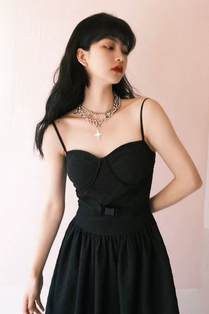Dark Embossed Jacquard Strap Dress