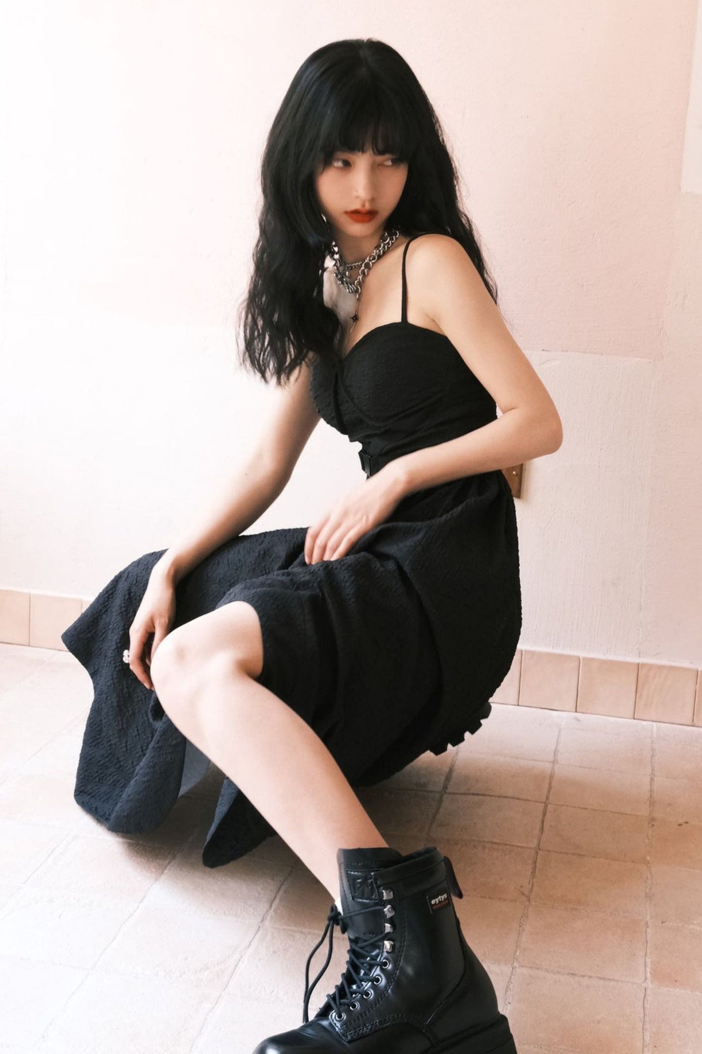 Dark Embossed Jacquard Strap Dress