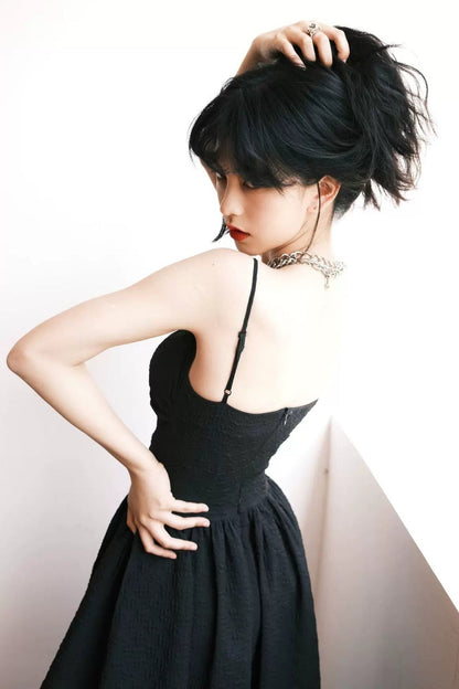Dark Embossed Jacquard Strap Dress