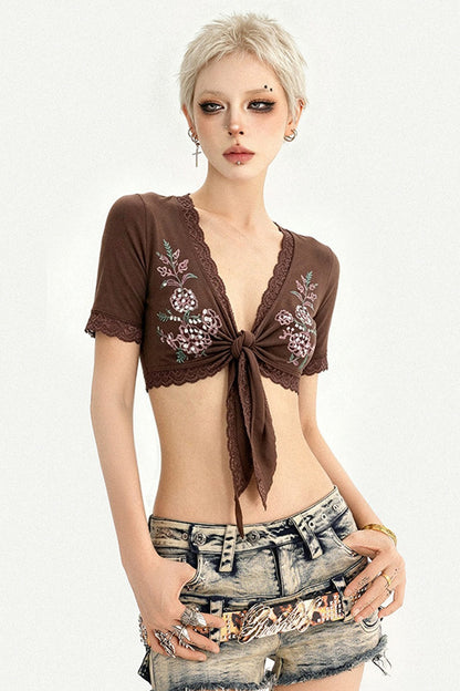 Embroidered Tie-Front Short-Sleeve Cardigan