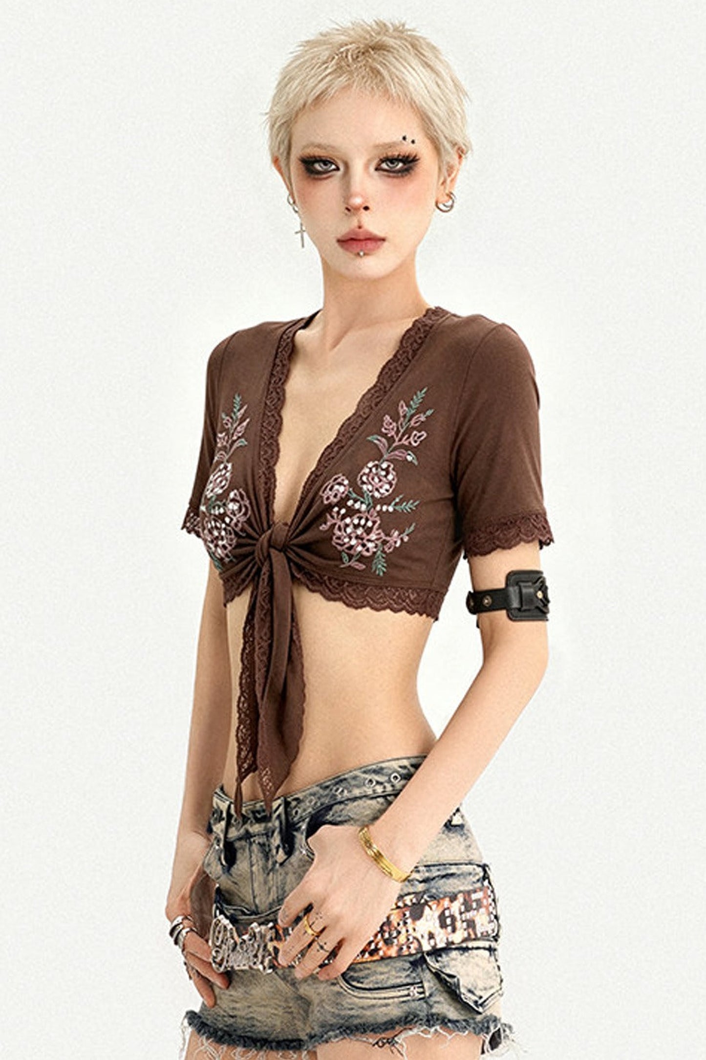 Embroidered Tie-Front Short-Sleeve Cardigan