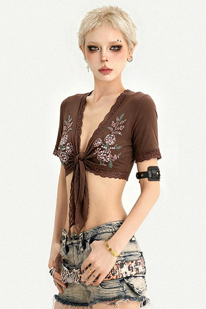 Embroidered Tie-Front Short-Sleeve Cardigan