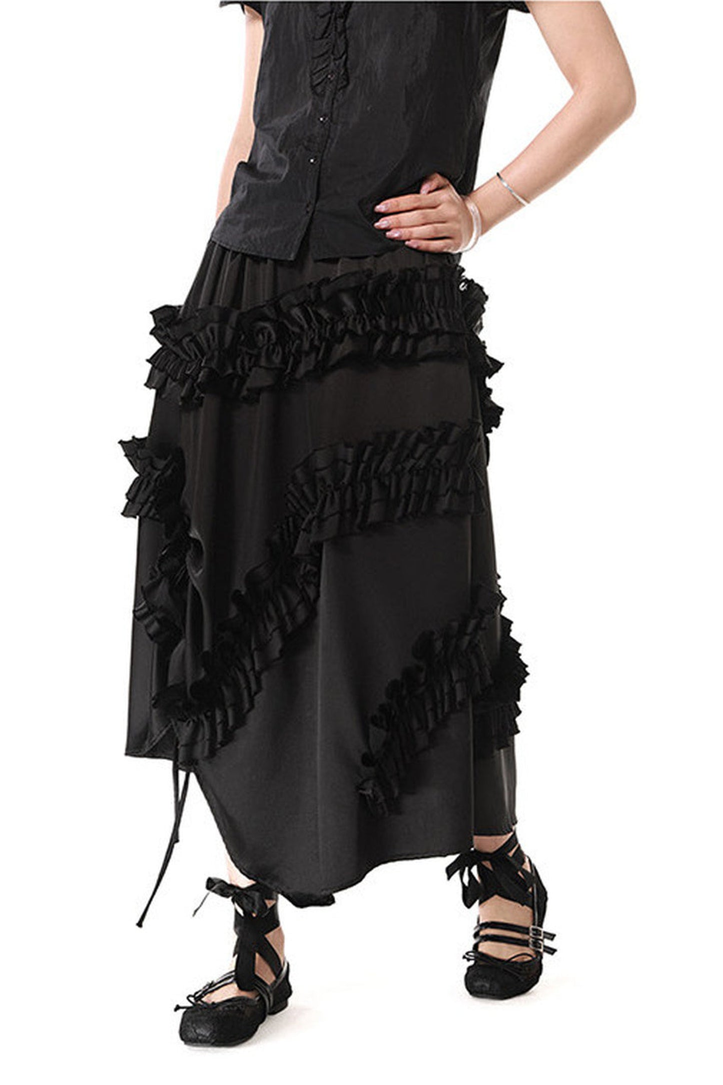 Irregular Acetate Ruffle Drawstring Skirt