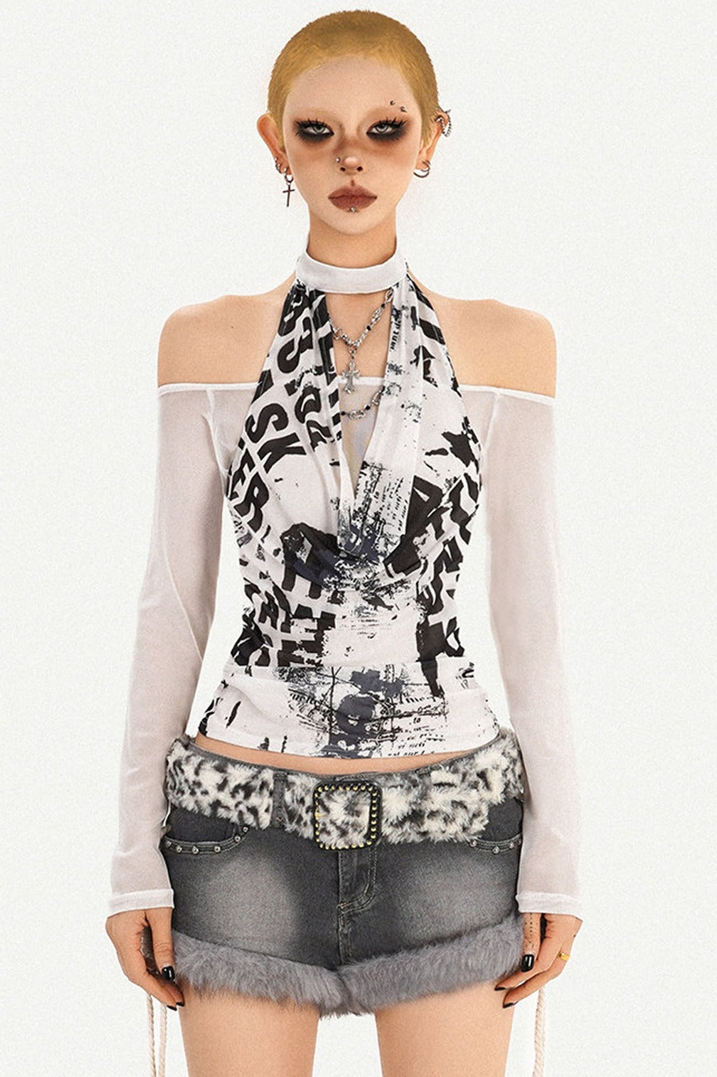 Halter Neck Letter Mesh Top