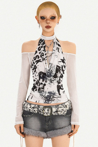 Halter Neck Letter Mesh Top
