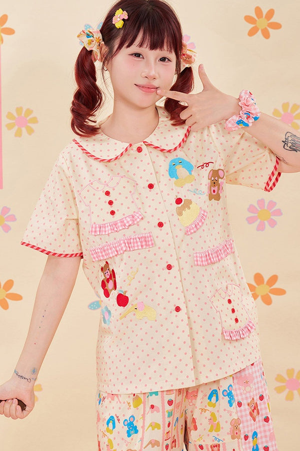 Animal Embroidery Lace Doll Collar Blouse
