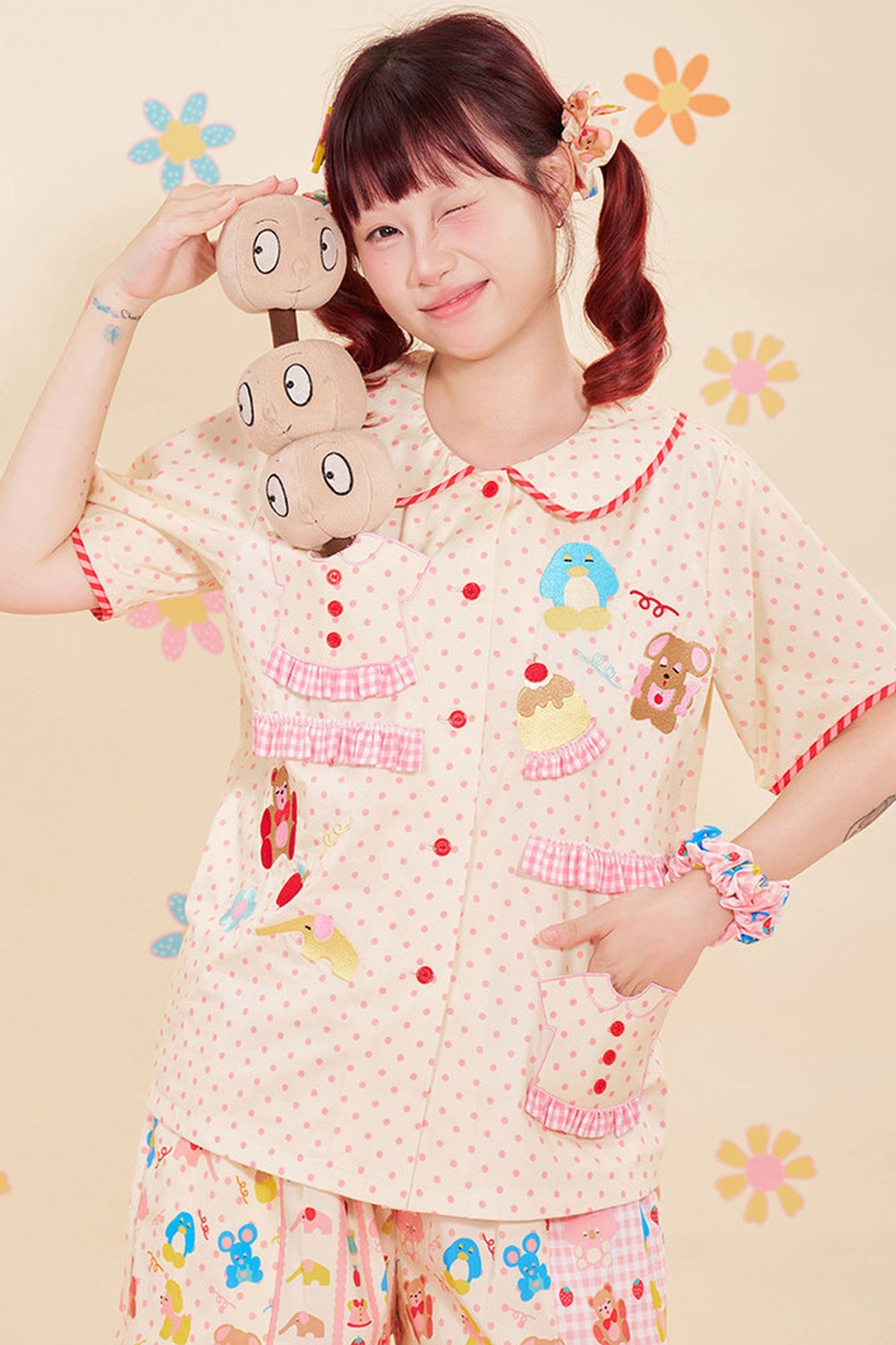 Animal Embroidery Lace Doll Collar Blouse