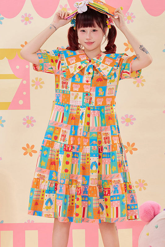 Colorful Patchwork Doll Collar Dress