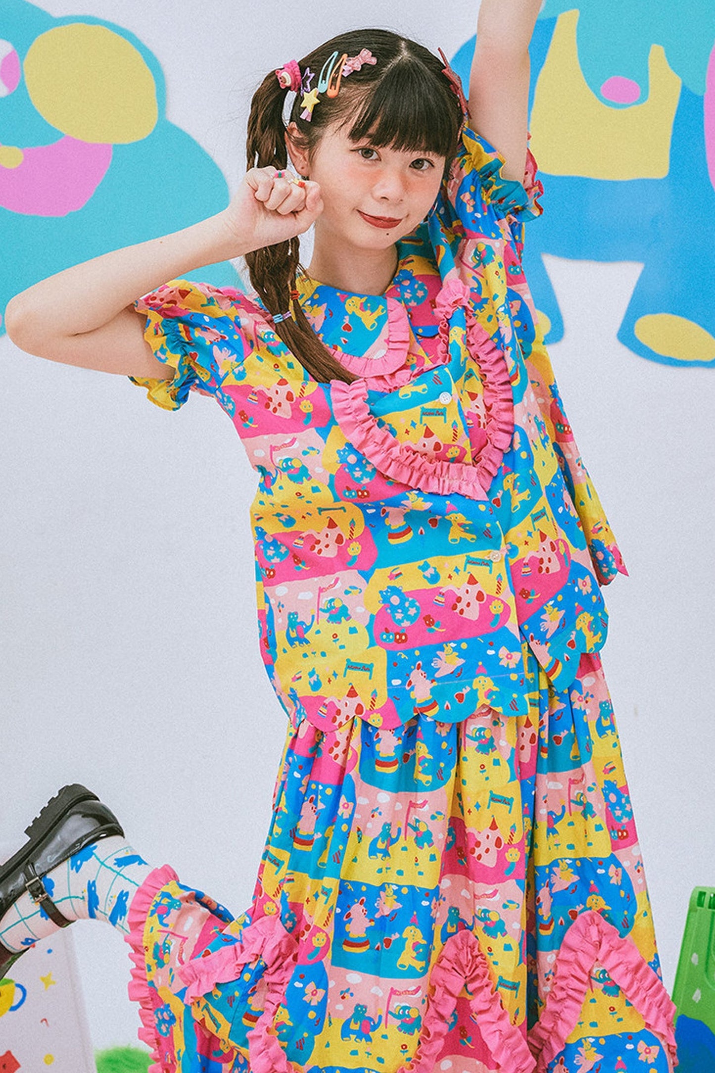 Kindergarten Paradise Print Puff Sleeve Shirt