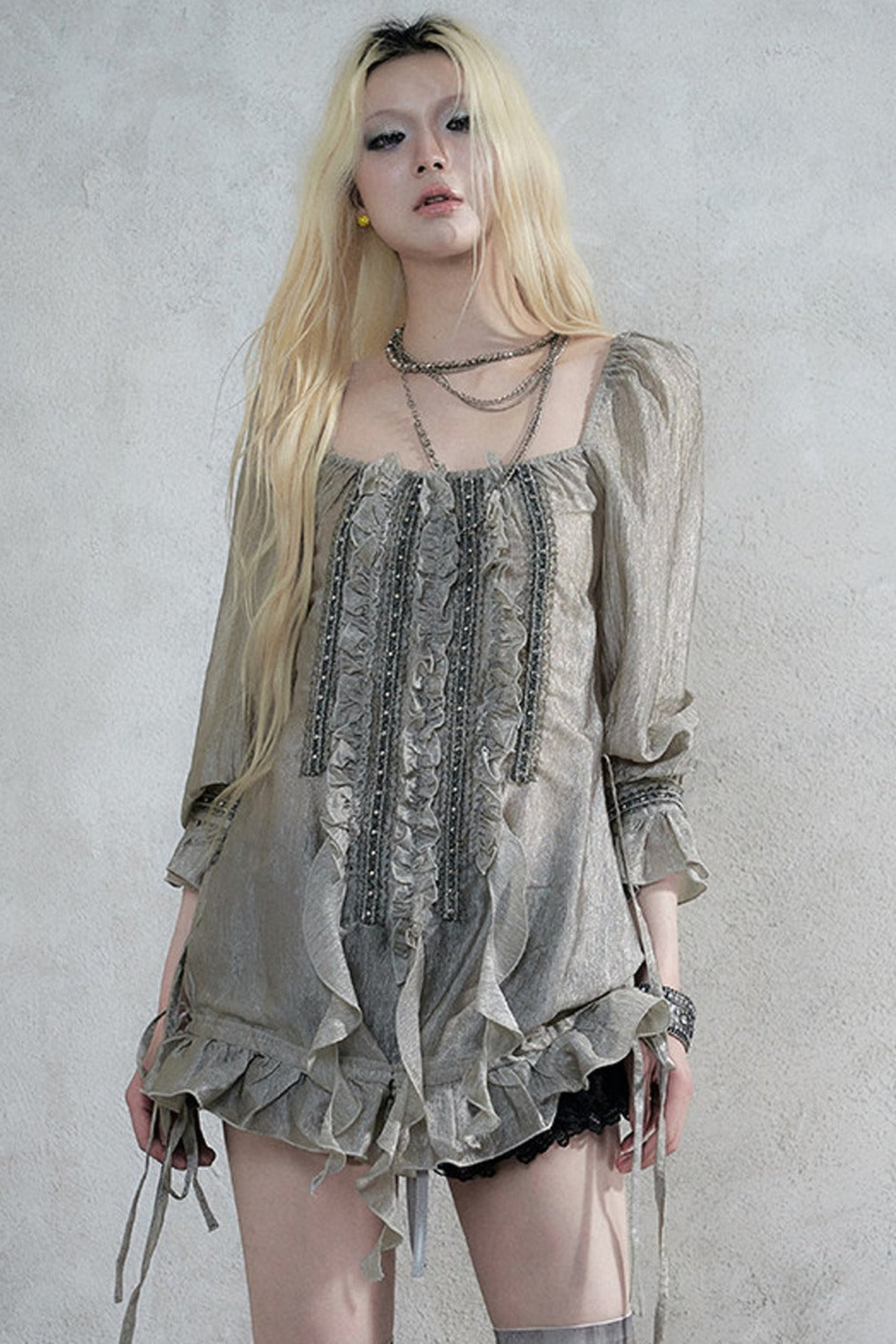 Ruffle Ribbon Puff Sleeve Blouse