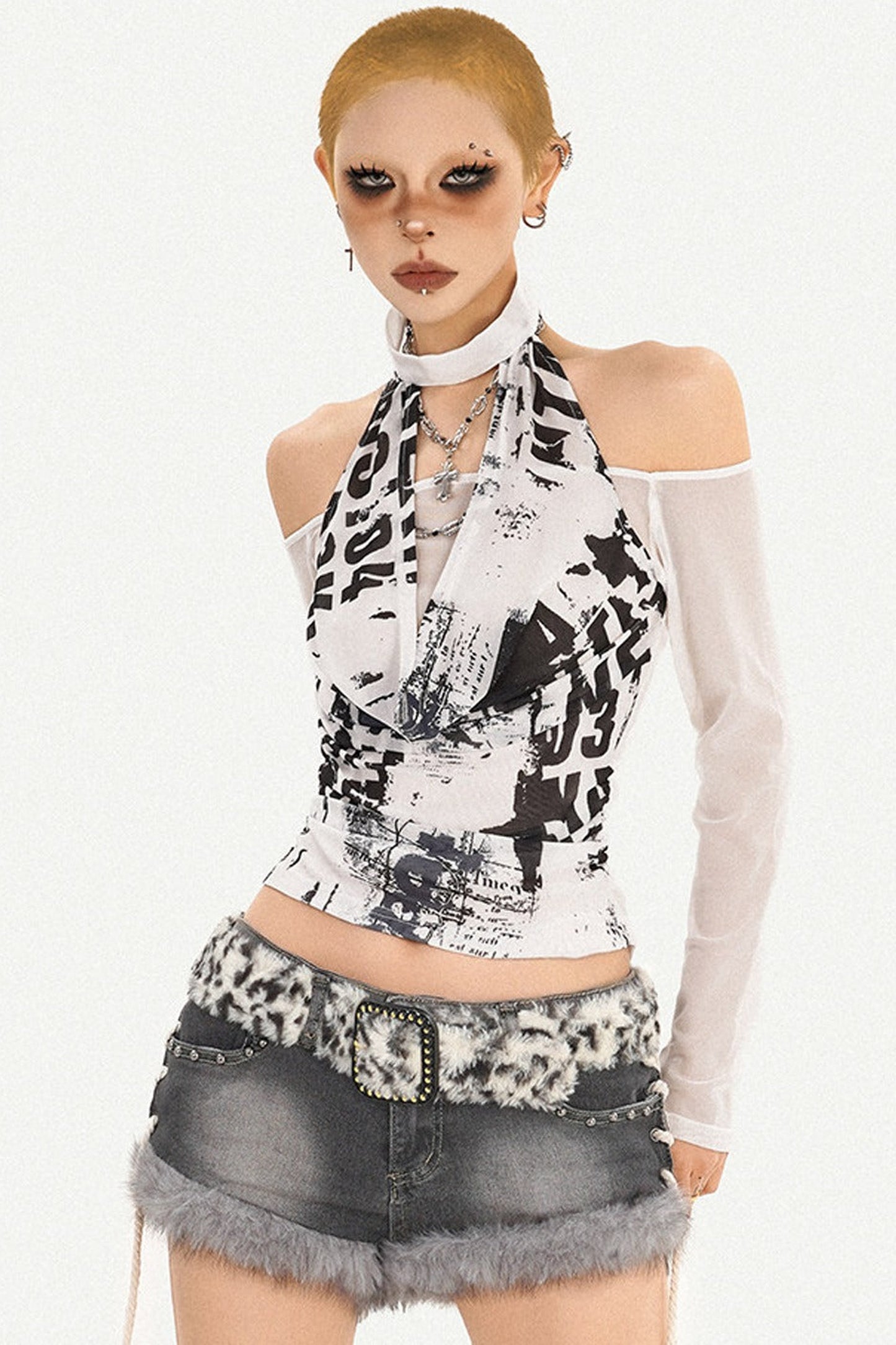 Halter Neck Letter Mesh Top