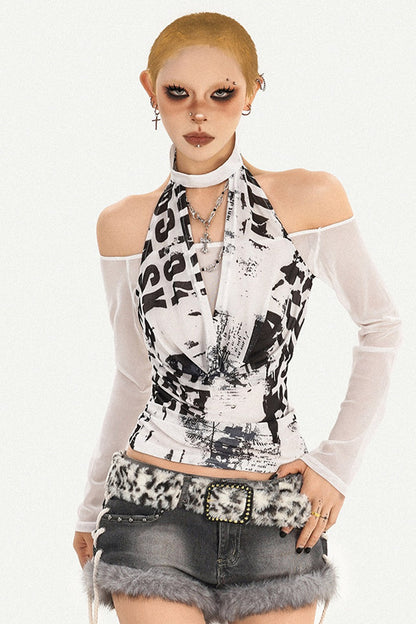 Halter Neck Letter Mesh Top