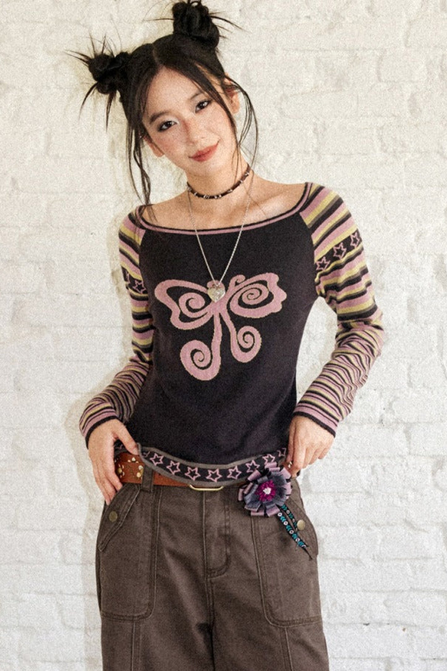 Butterfly Jacquard Striped Sweater