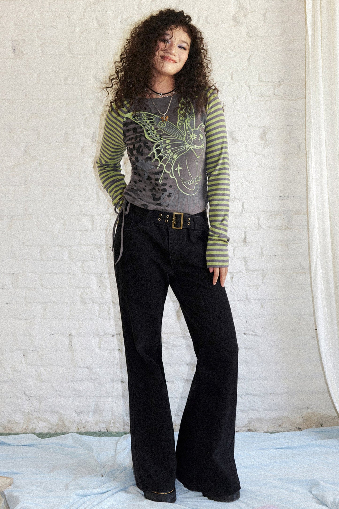 Striped Spliced Raglan Cat Print Top