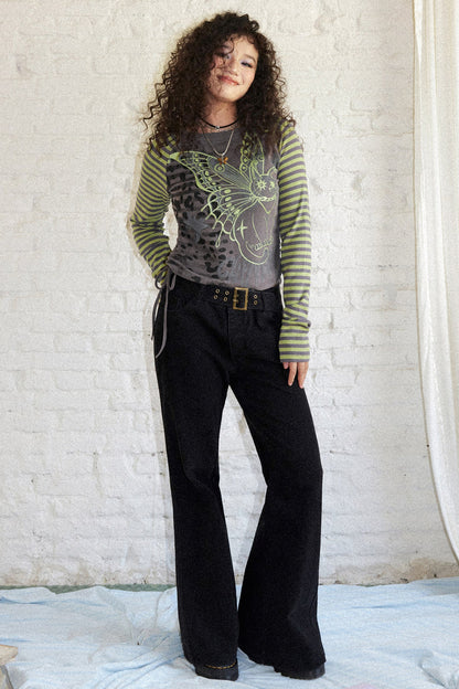 Striped Spliced Raglan Cat Print Top