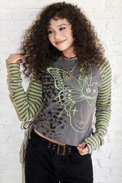 Striped Spliced Raglan Cat Print Top