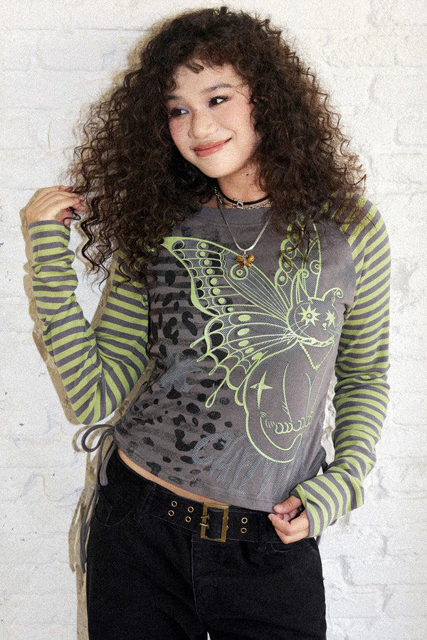 Striped Spliced Raglan Cat Print Top