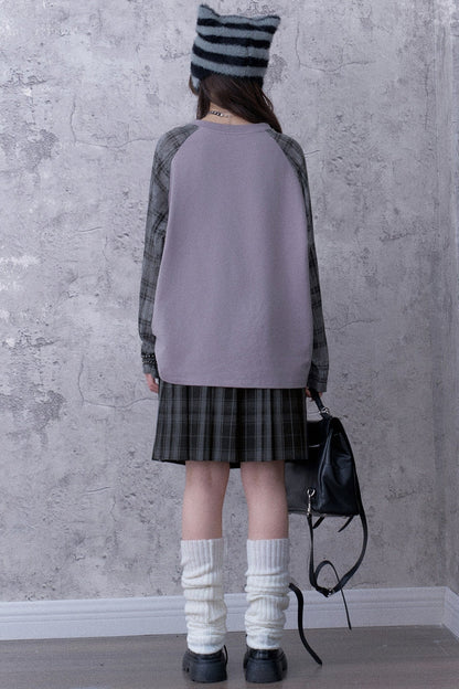 Gray-Purple Printed Raglan Drawstring T-Shirt and Skirt Set-Up