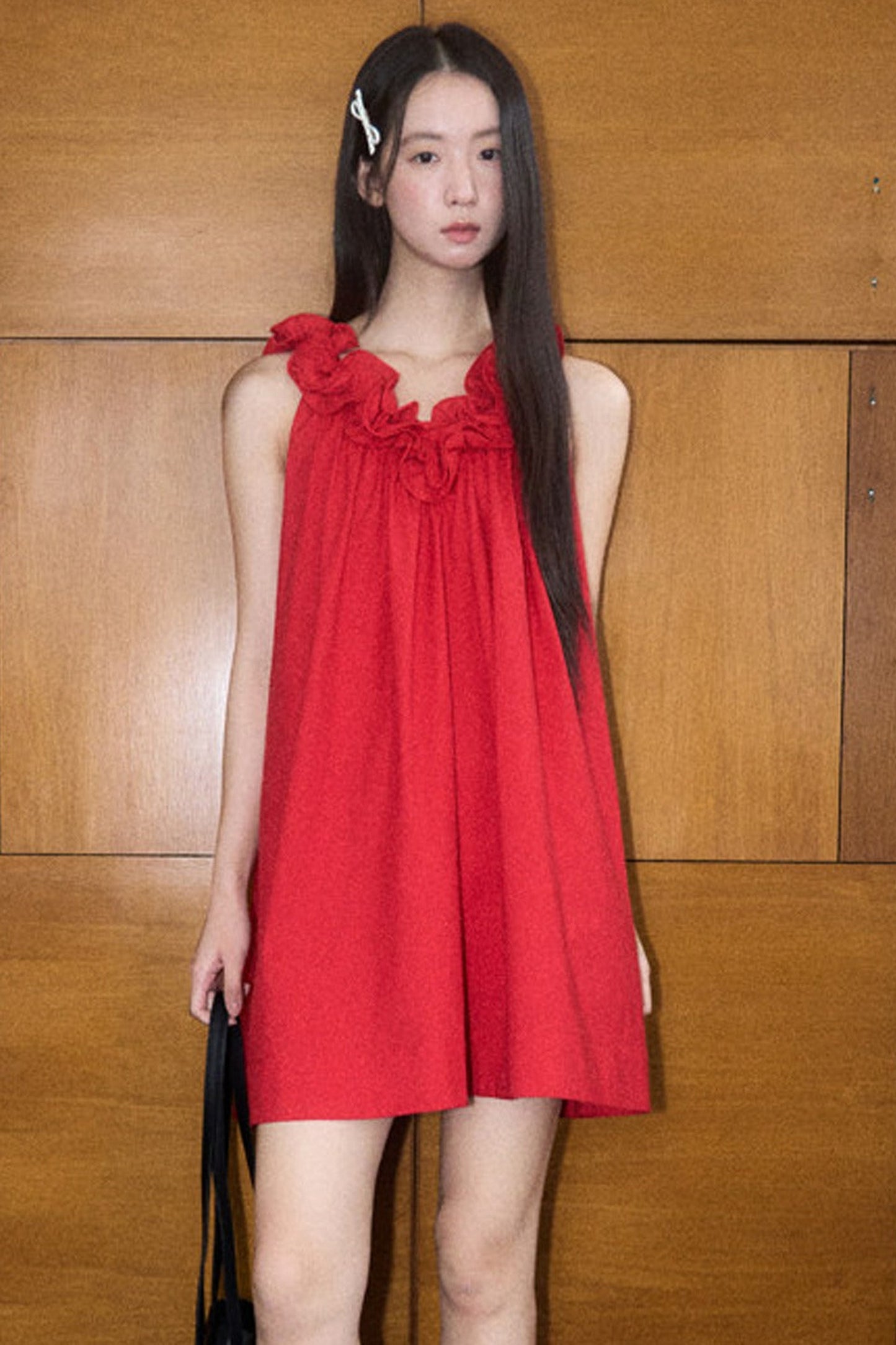 Red 3D Floral Ruffle V-Neck Tank Dress