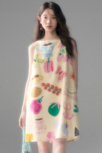 Hand-Painted Fruit Vegetable Print Sleeveless Vest Dress