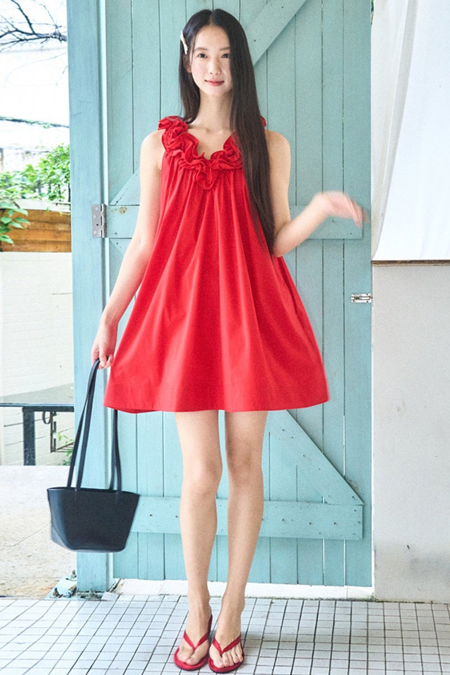 Red 3D Floral Ruffle V-Neck Tank Dress