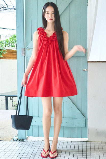 Red 3D Floral Ruffle V-Neck Tank Dress