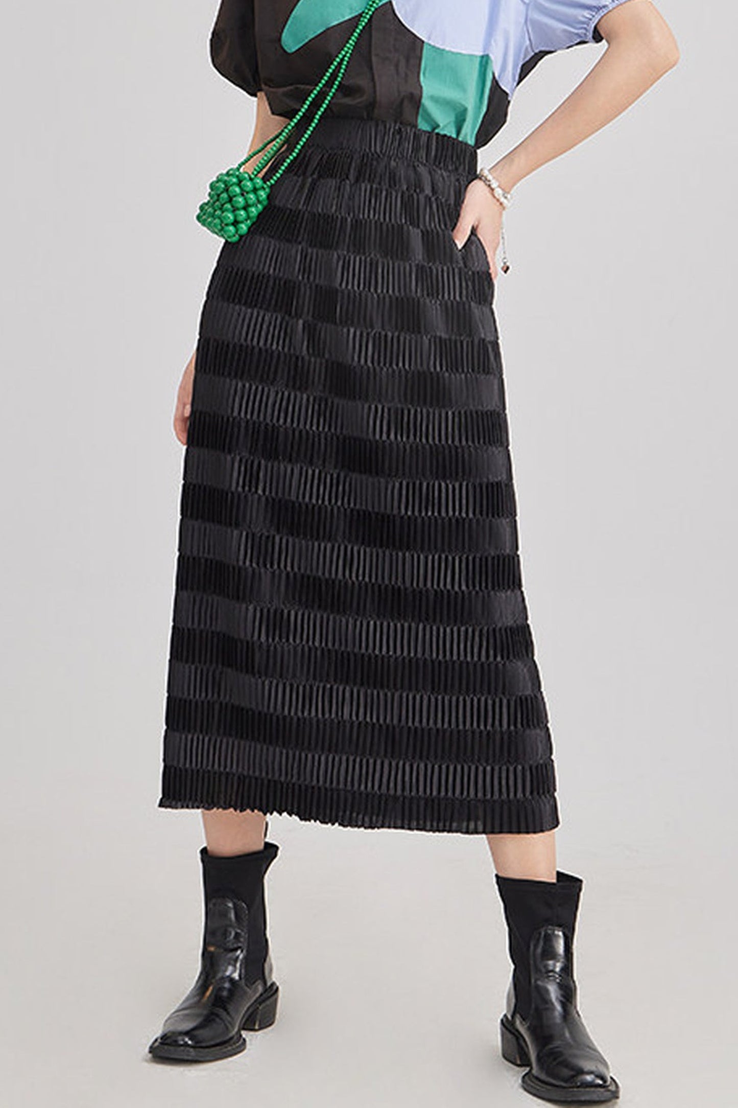 Gradient Pleated Elastic Waist Skirt
