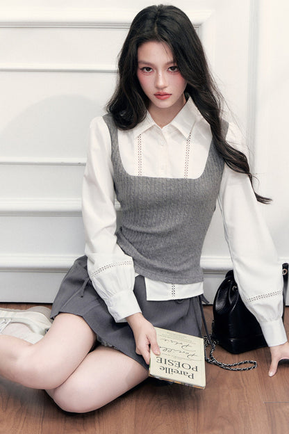 Preppy Shoulder Cutout Lace Blouse and Skirt Set-Up