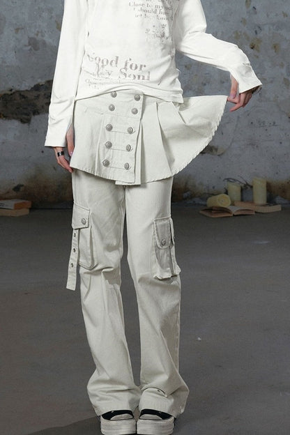 Pleated Skirt Panel Straight-Leg Flared Workwear Pants