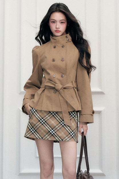 Retro Double-Breasted Trench Coat and Skirt Set-Up