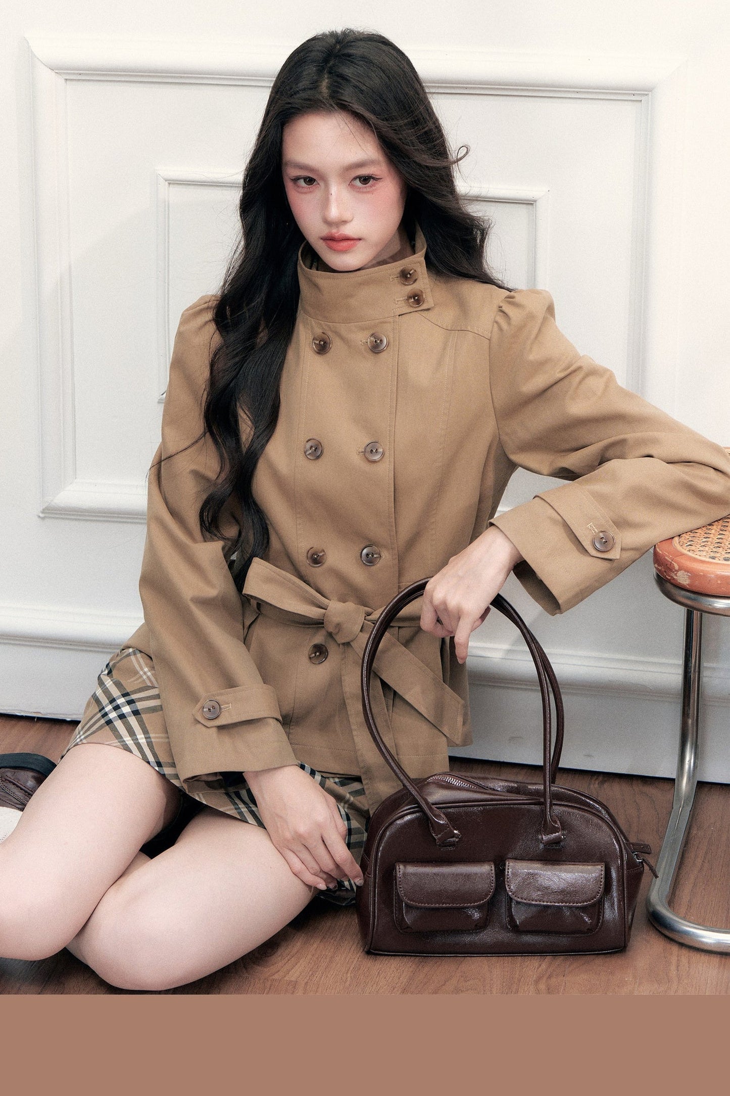 Retro Double-Breasted Trench Coat and Skirt Set-Up