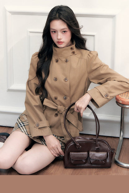 Retro Double-Breasted Trench Coat and Skirt Set-Up