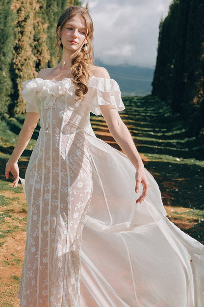 Lace French Retro Off-Shoulder Fishbone Dress