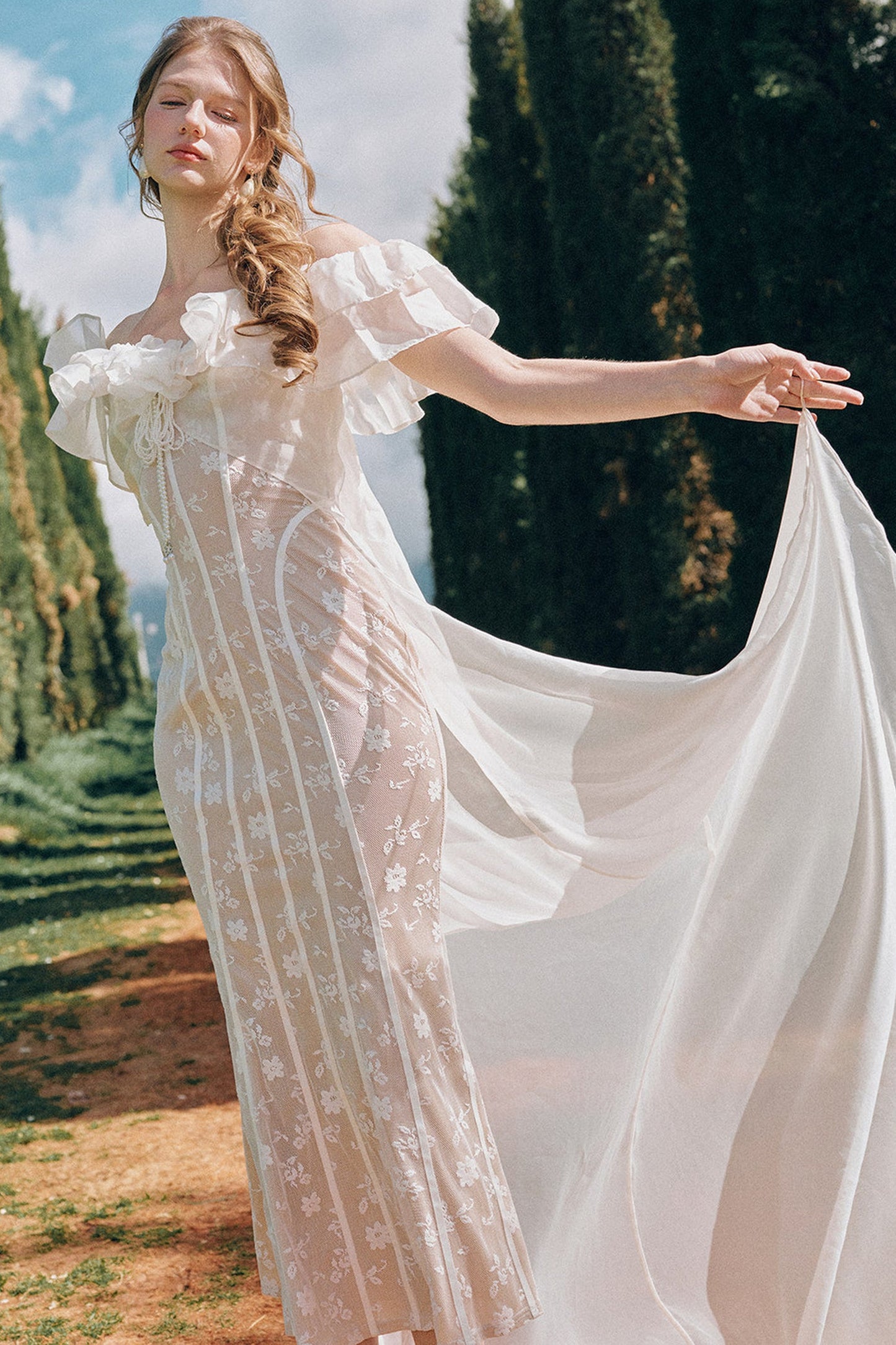 Lace French Retro Off-Shoulder Fishbone Dress