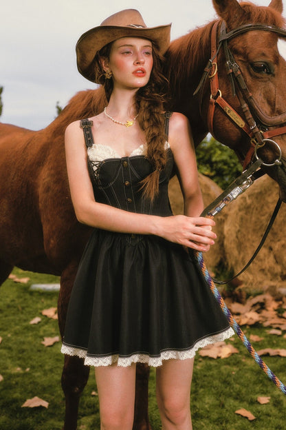 Dark Blue Denim Fishbone Strap Dress