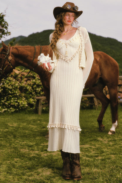 Shell White Knit Strap Dress Cardigan and Skirt Set-Up