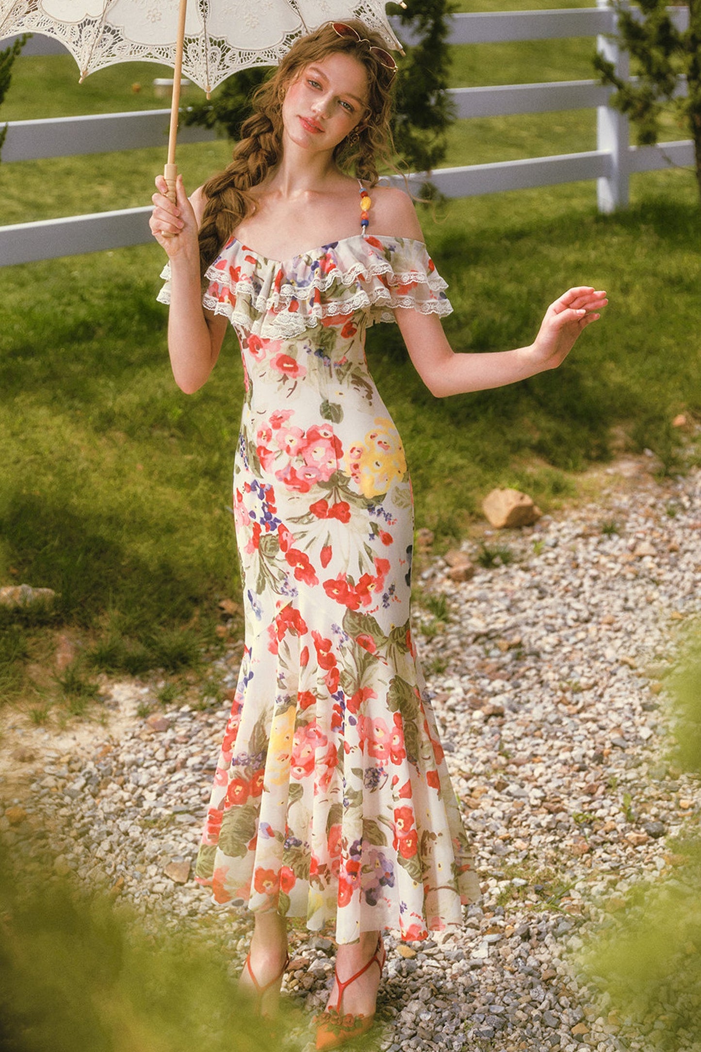Floral Ruffled Elastic Mesh Long Dress