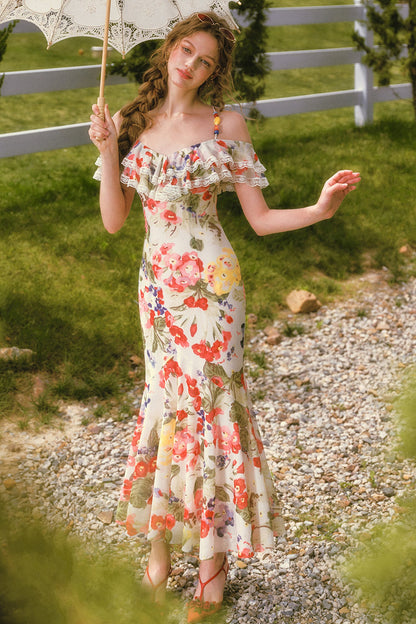 Floral Ruffled Elastic Mesh Long Dress