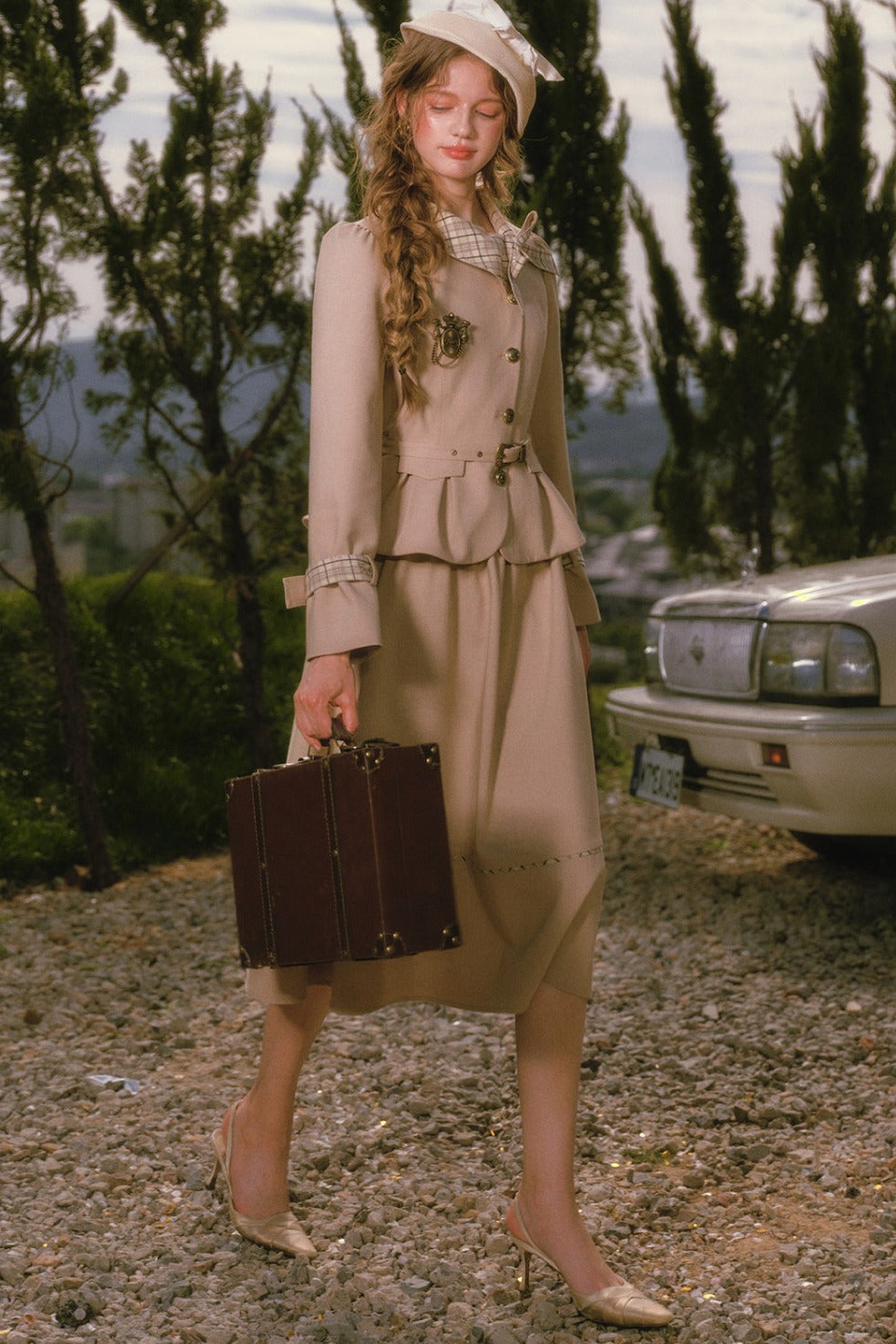 Khaki Trench Coat and Skirt Set-Up