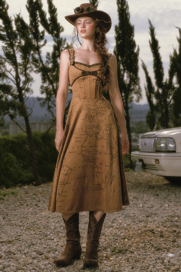 Gibraltar Map Boned Suspender Long Dress